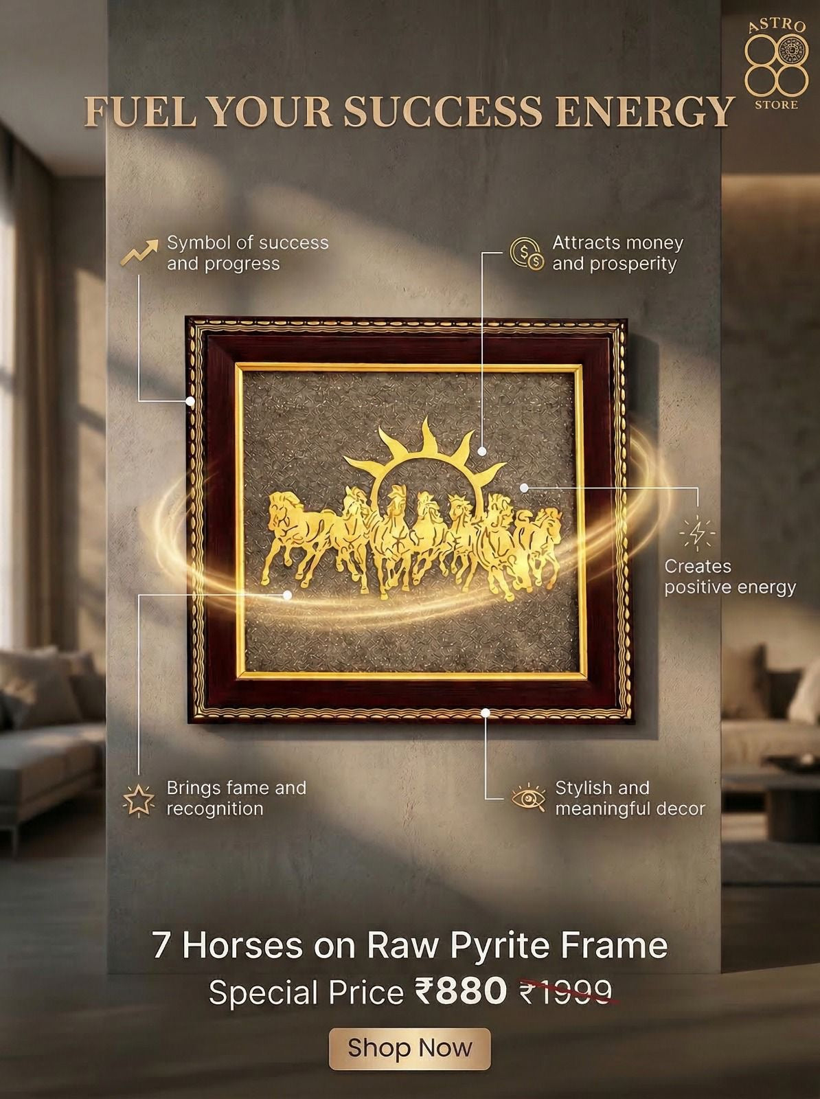 7 Horses on Raw Pyrite Frame - Money Attraction | Dhan Akarshan