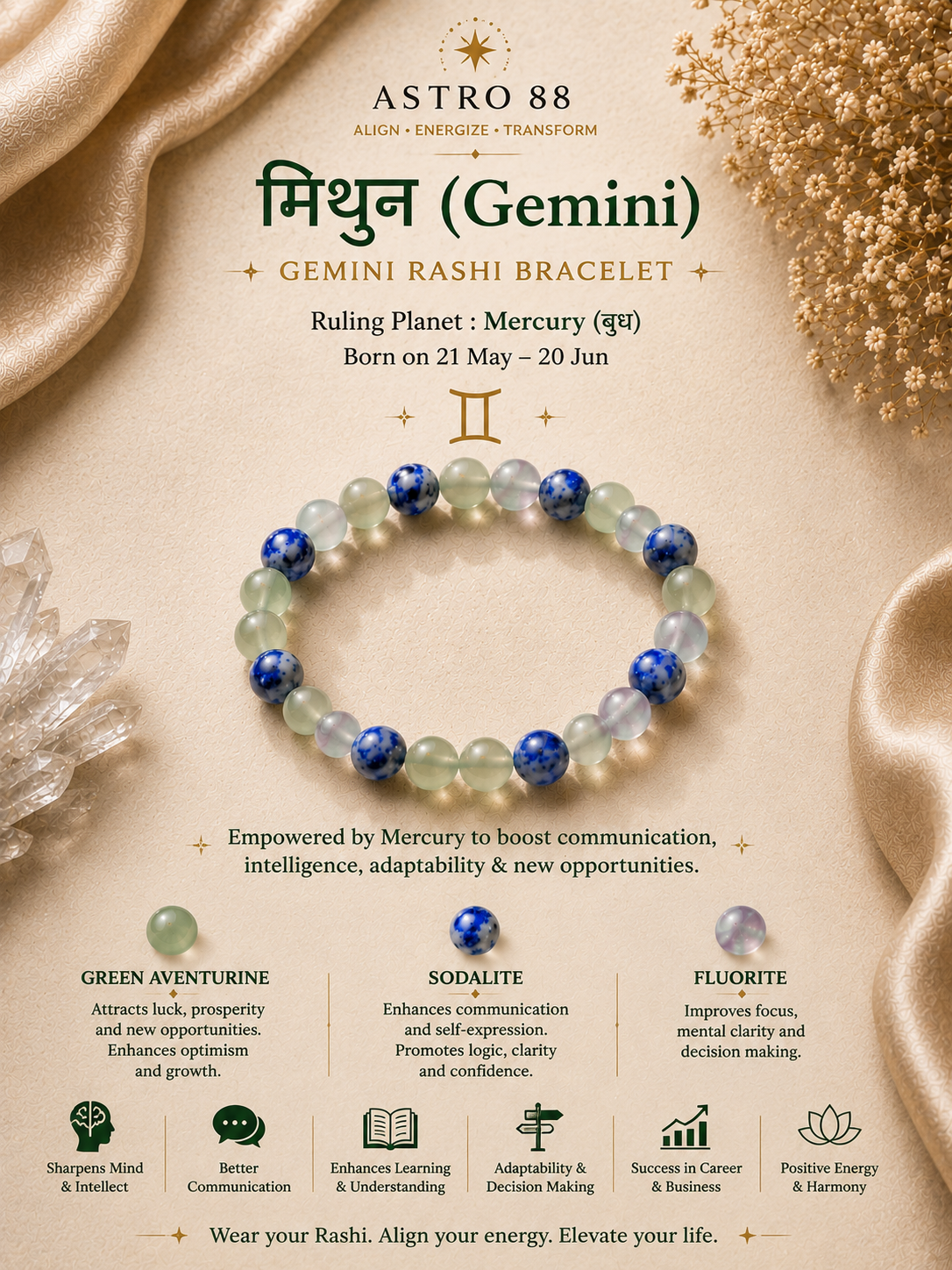 मिथुन (Gemini) Rashi Bracelet | Communication • Intelligence • Growth