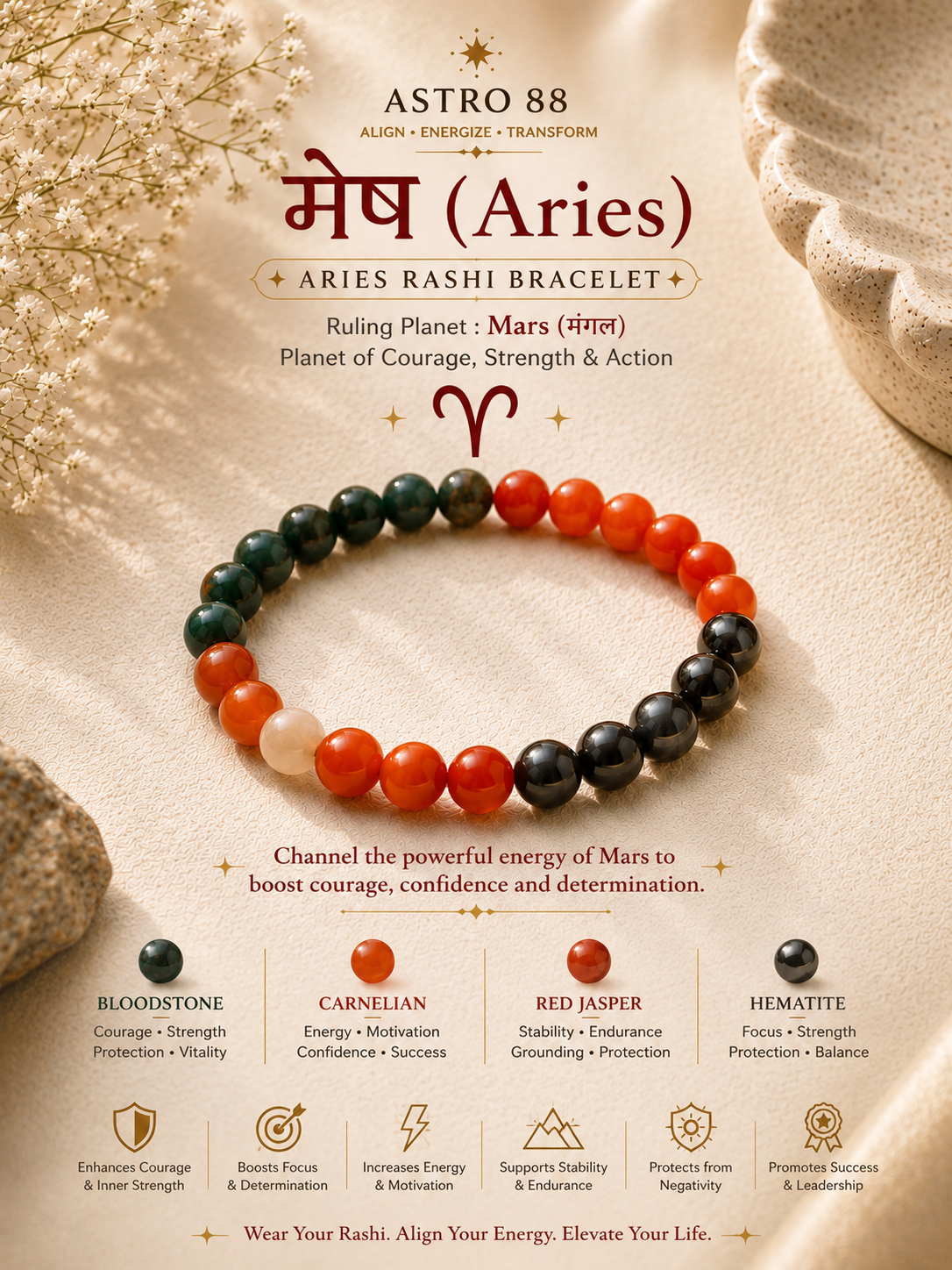 Aries (मेष) Rashi Bracelet | Courage, Strength & Success Crystal Bracelet