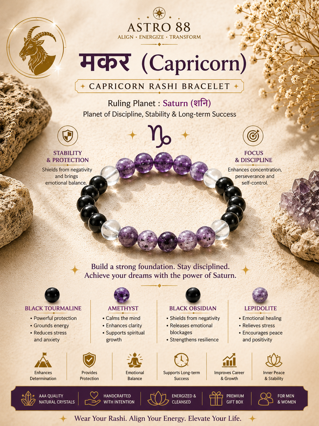 Capricorn (मकर) Rashi Bracelet | Stability, Protection &amp; Success Crystal Bracelet