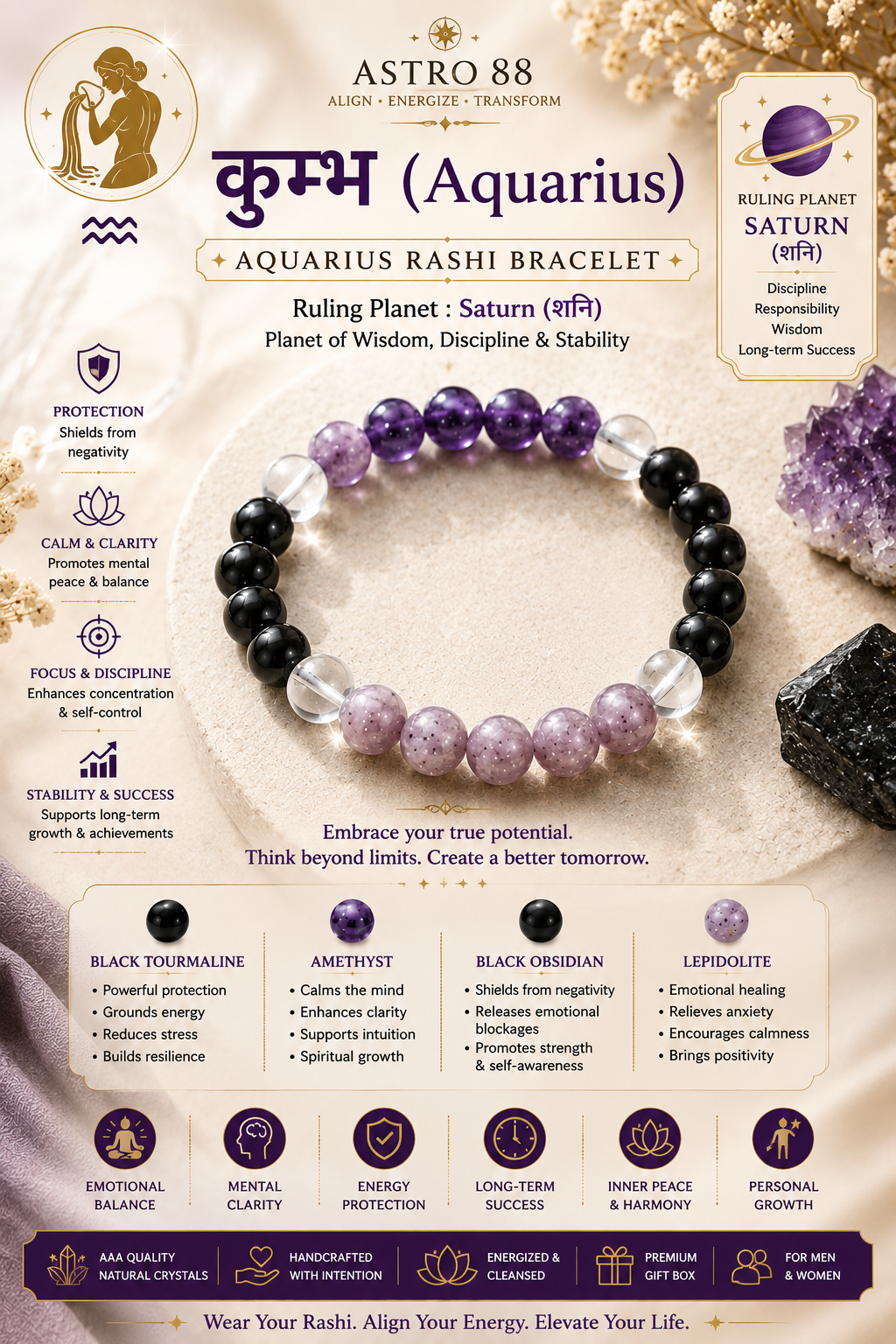 Aquarius (कुम्भ) Rashi Bracelet | Stability, Wisdom & Success Crystal Bracelet