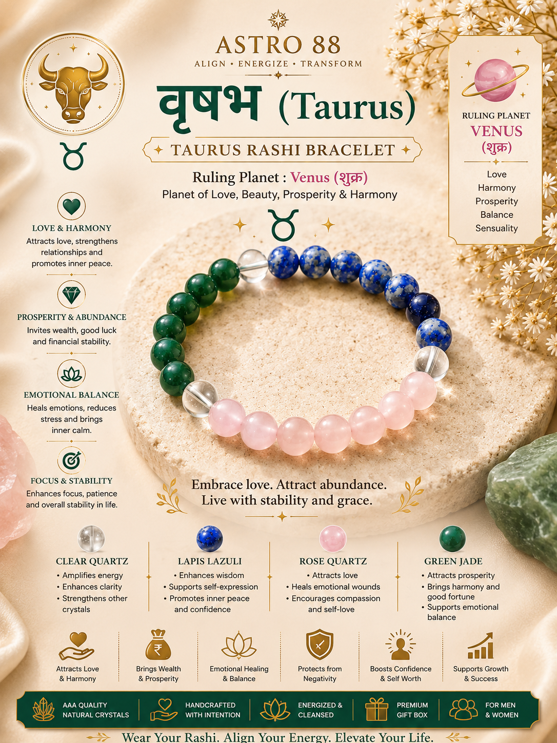 Taurus (वृषभ) Rashi Bracelet | Prosperity, Harmony &amp; Success Crystal Bracelet (Copy)