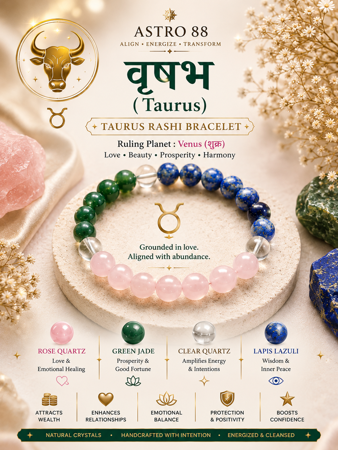 Taurus (वृषभ) Rashi Bracelet | Prosperity, Harmony &amp; Success Crystal Bracelet (Copy)