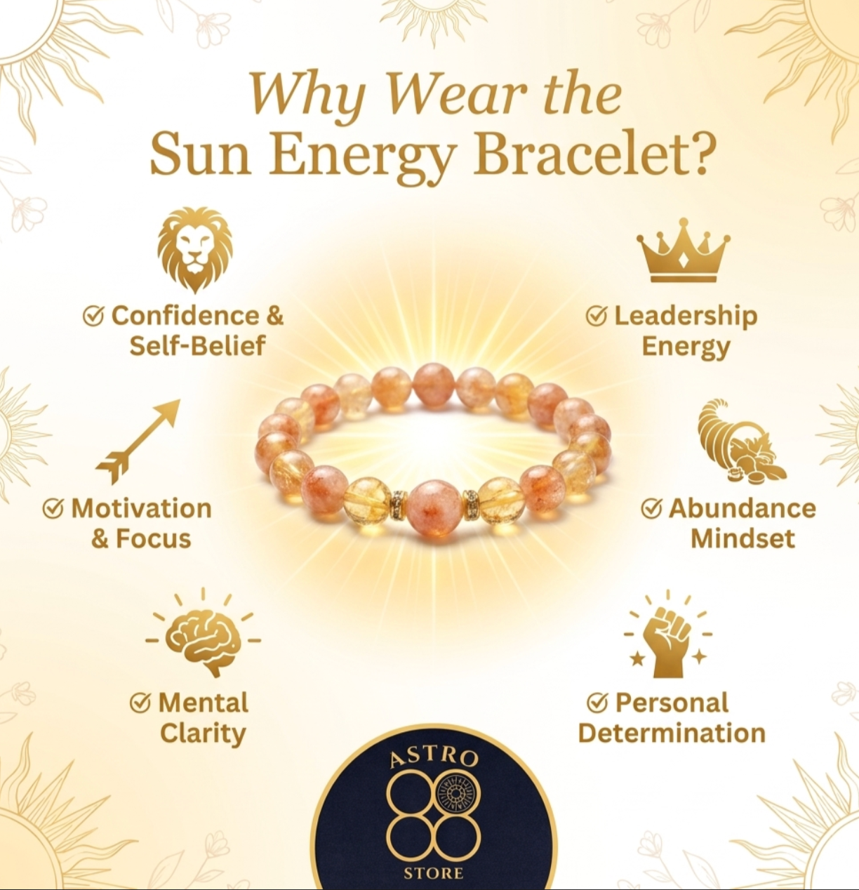 For Birth Numbers 1, 10, 19 & 28 of any month - Sun Leadership Bracelet (For Confidence • Leadership • Recognition • Career Growth)