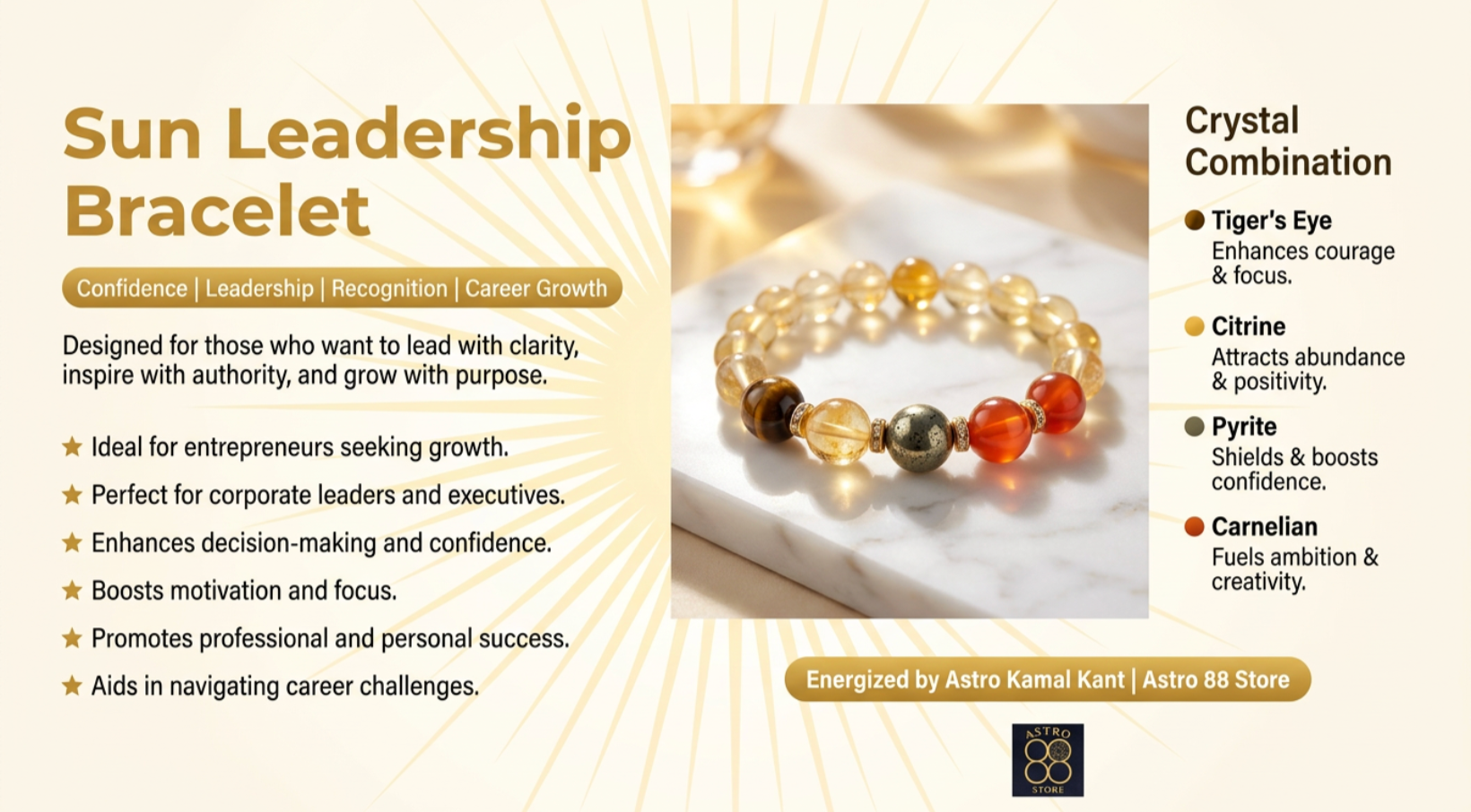 For Birth Numbers 1, 10, 19 & 28 of any month - Sun Leadership Bracelet (For Confidence • Leadership • Recognition • Career Growth)